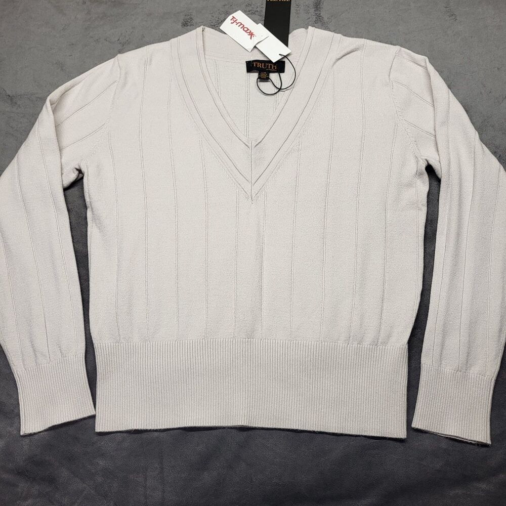 Womens Truth by Republic Sweater V Neck LG Long Sleeve Lightweight Putty